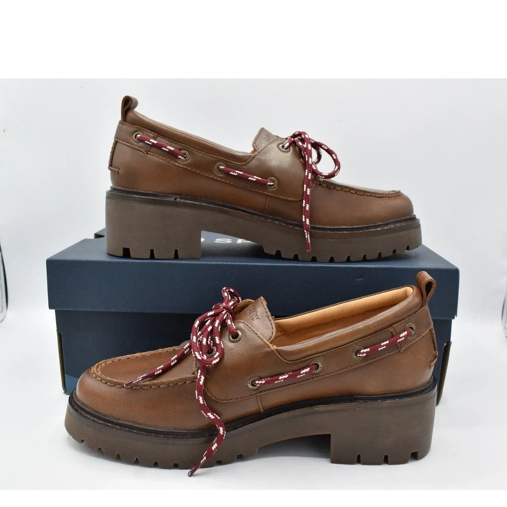 Sperry 2 Eye Women Size 8 Brown Leather Lug Slip On Boat Shoes Coquette Preppy